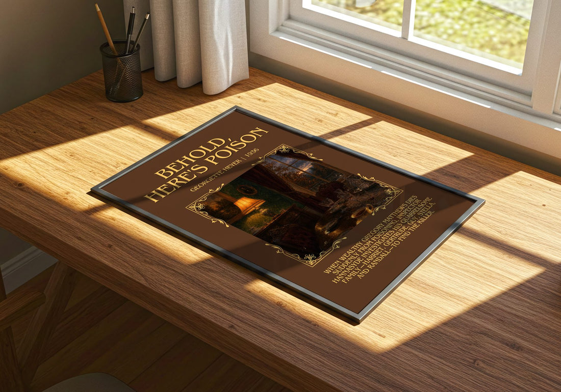 Behold, Here's Poison Minimalist Book Poster by Georgette Heyer – print on a sunlit desk