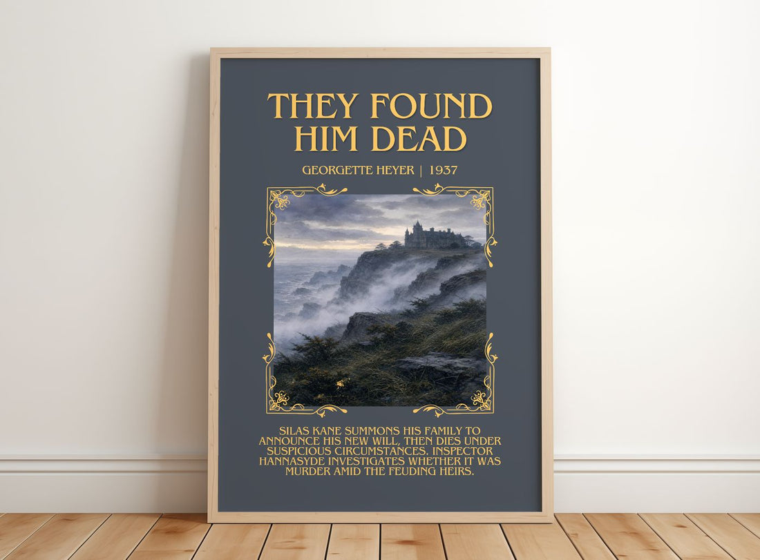 They Found Him Dead Minimalist Book Poster by Georgette Heyer – framed print leaning on a wooden floor
