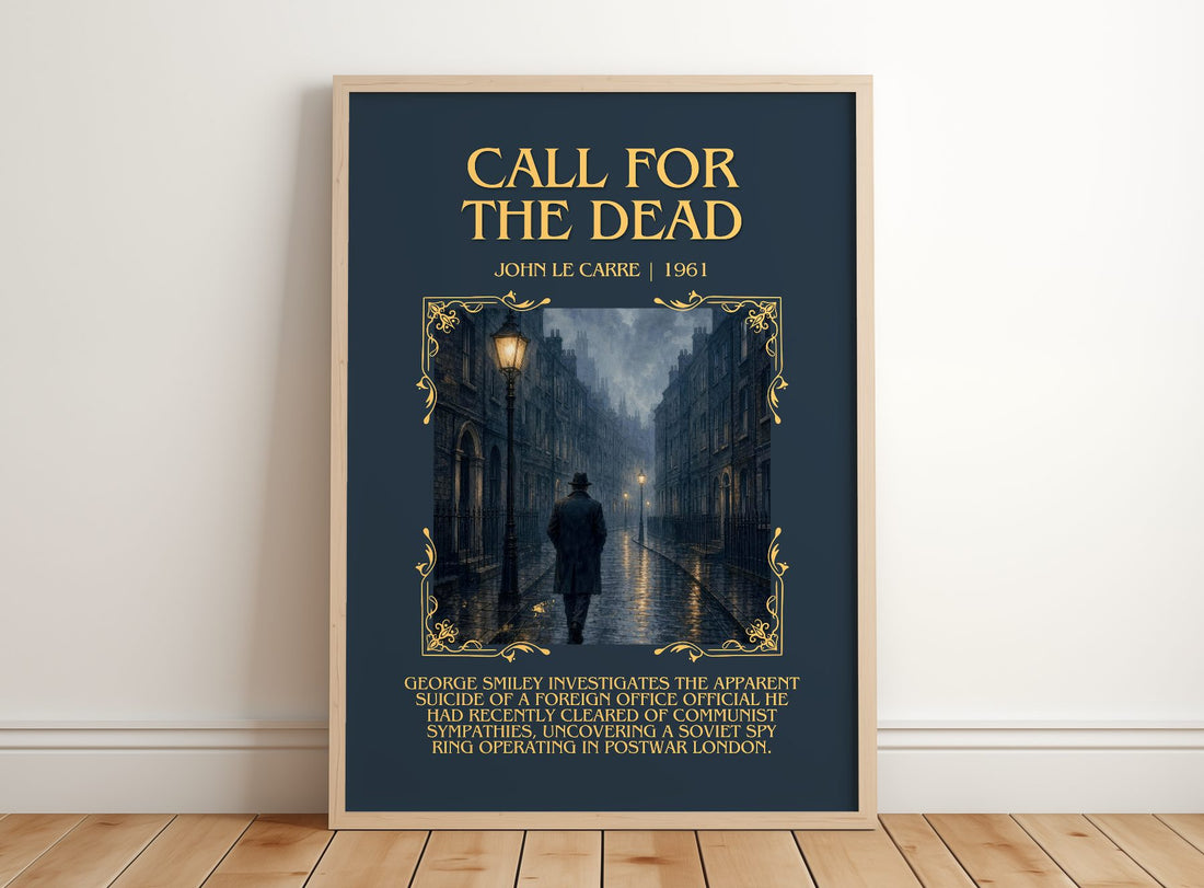 Call for the Dead Minimalist Book Poster by John le Carré – framed print leaning on a wooden floor