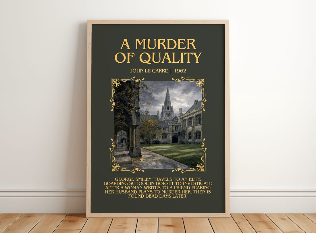 A Murder of Quality Minimalist Book Poster by John le Carré – framed print leaning on a wooden floor