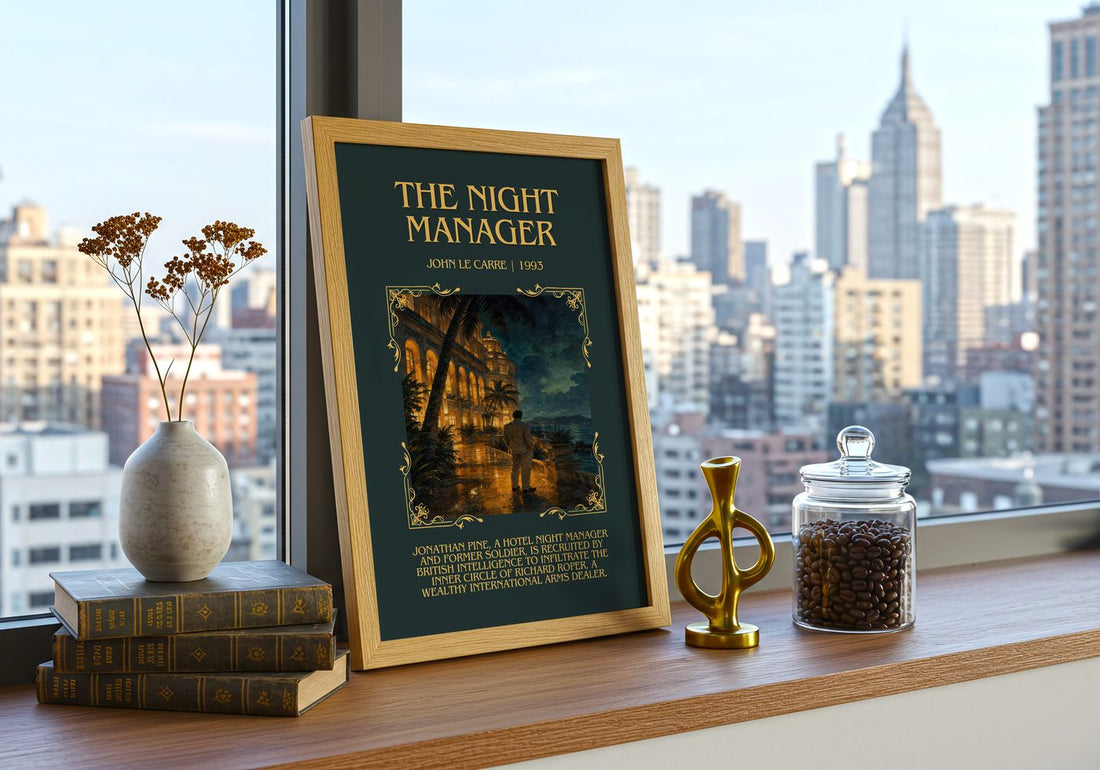 The Night Manager Minimalist Book Poster by John le Carré – framed print on a city-view windowsill