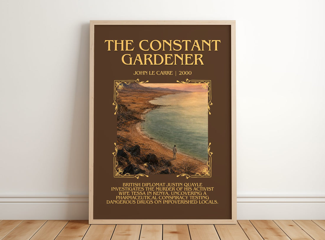 The Constant Gardener Minimalist Book Poster by John le Carré – framed print leaning on a wooden floor