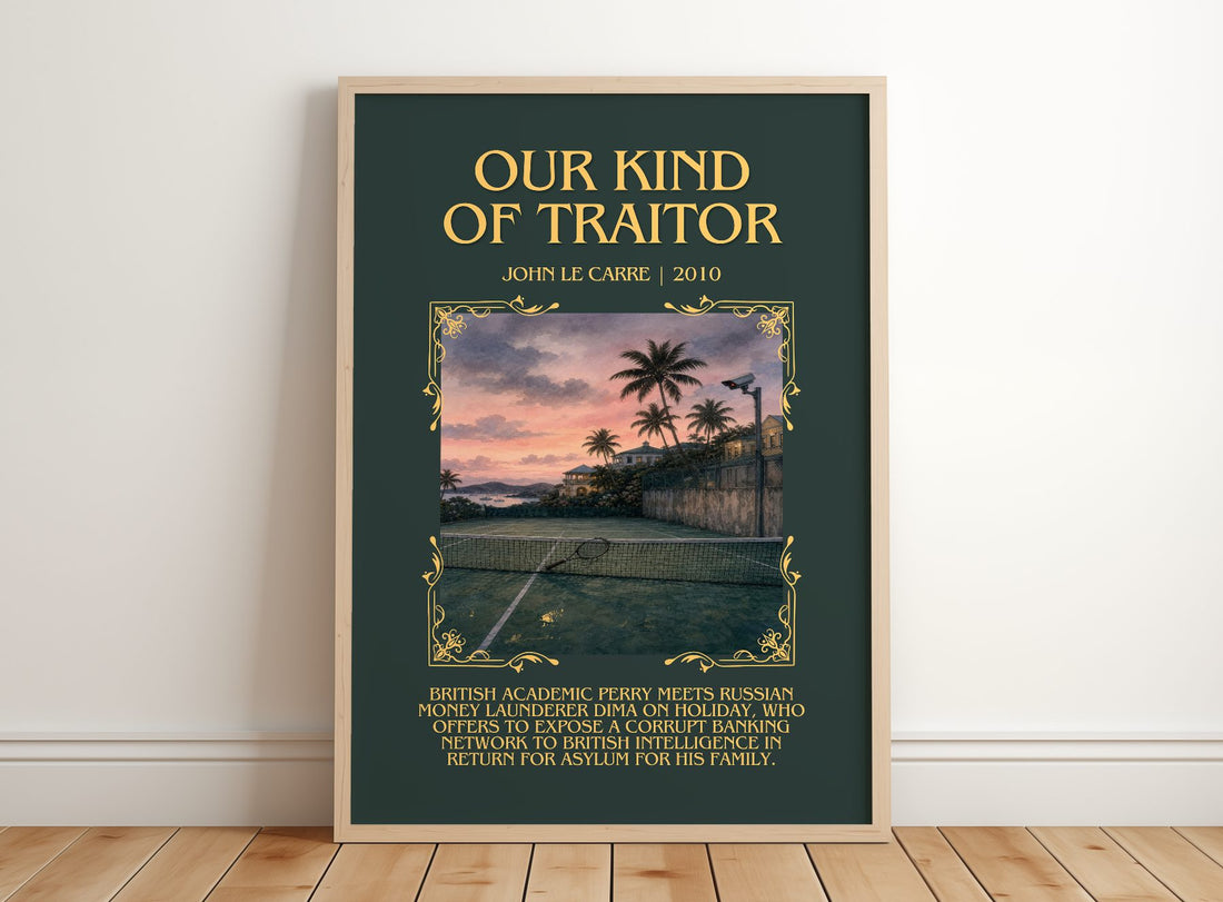 Our Kind of Traitor Minimalist Book Poster by John le Carré – framed print leaning on a wooden floor