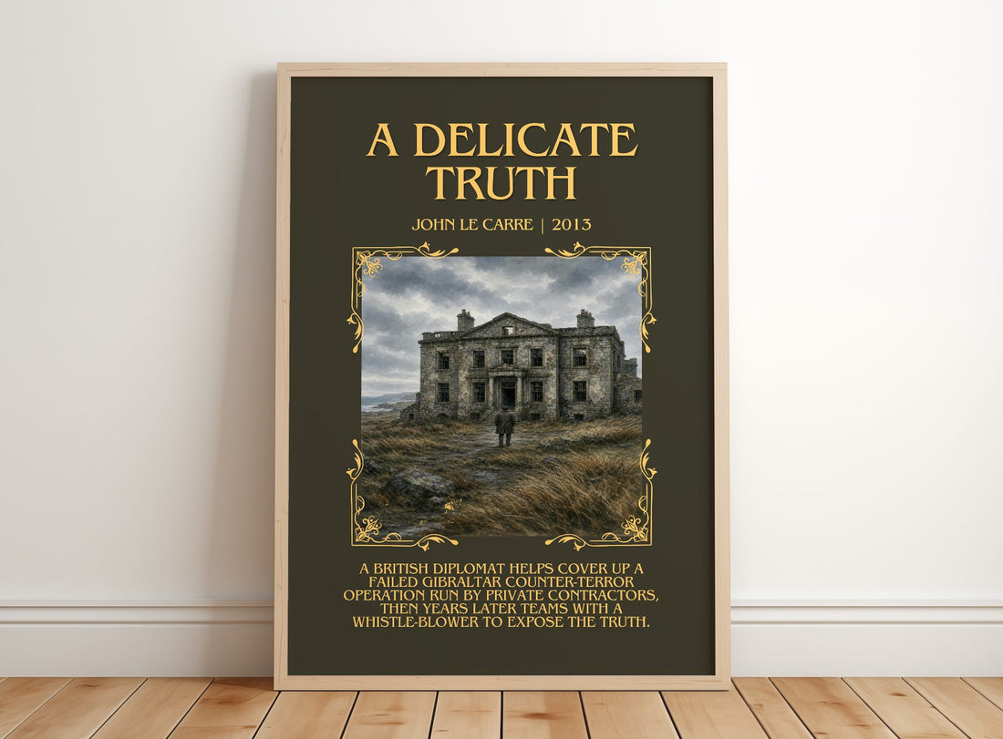 A Delicate Truth Minimalist Book Poster by John le Carré – framed print leaning on a wooden floor
