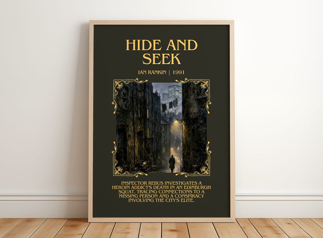 Hide and Seek Minimalist Book Poster by Ian Rankin – framed print leaning on a wooden floor