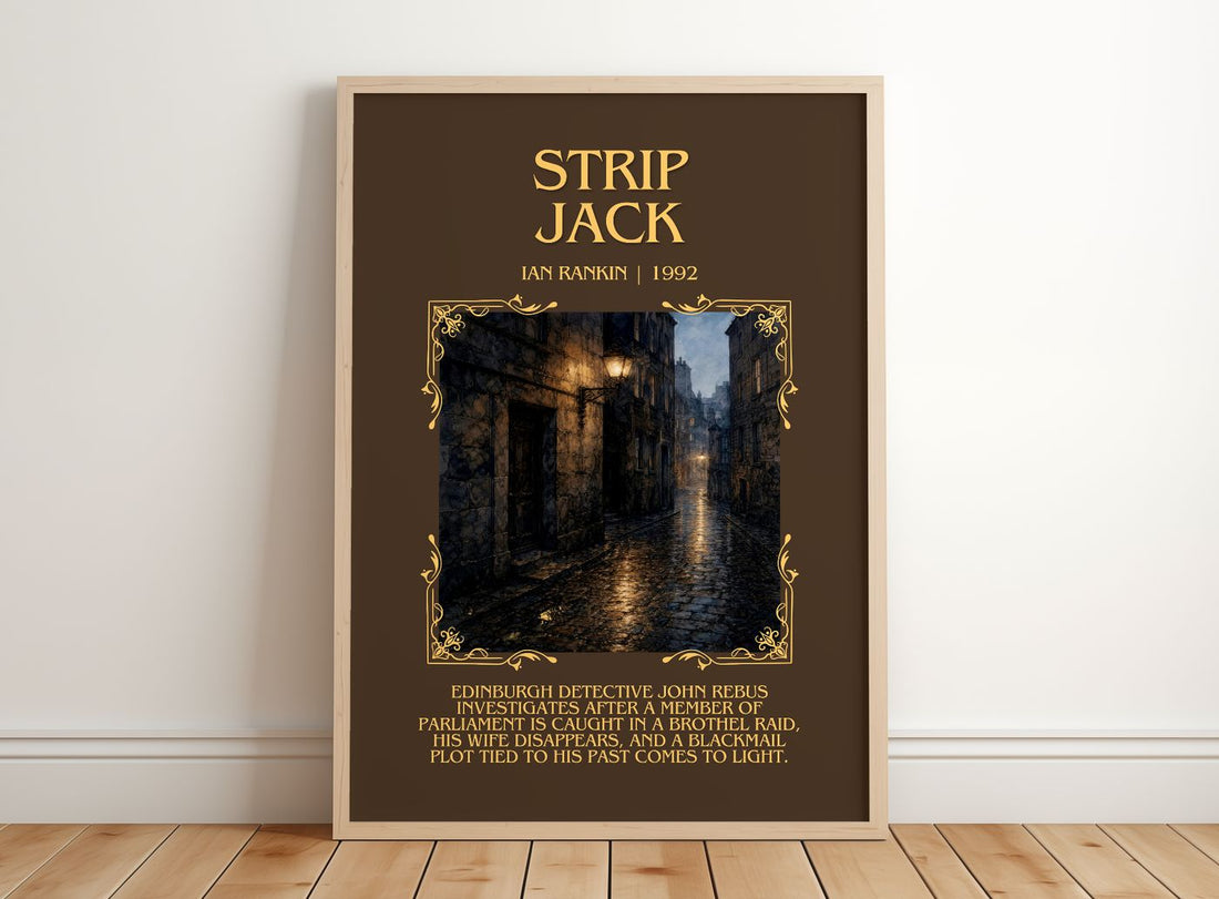 Strip Jack Minimalist Book Poster by Ian Rankin – framed print leaning on a wooden floor