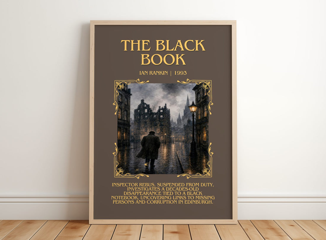 The Black Book Minimalist Book Poster by Ian Rankin – framed print leaning on a wooden floor