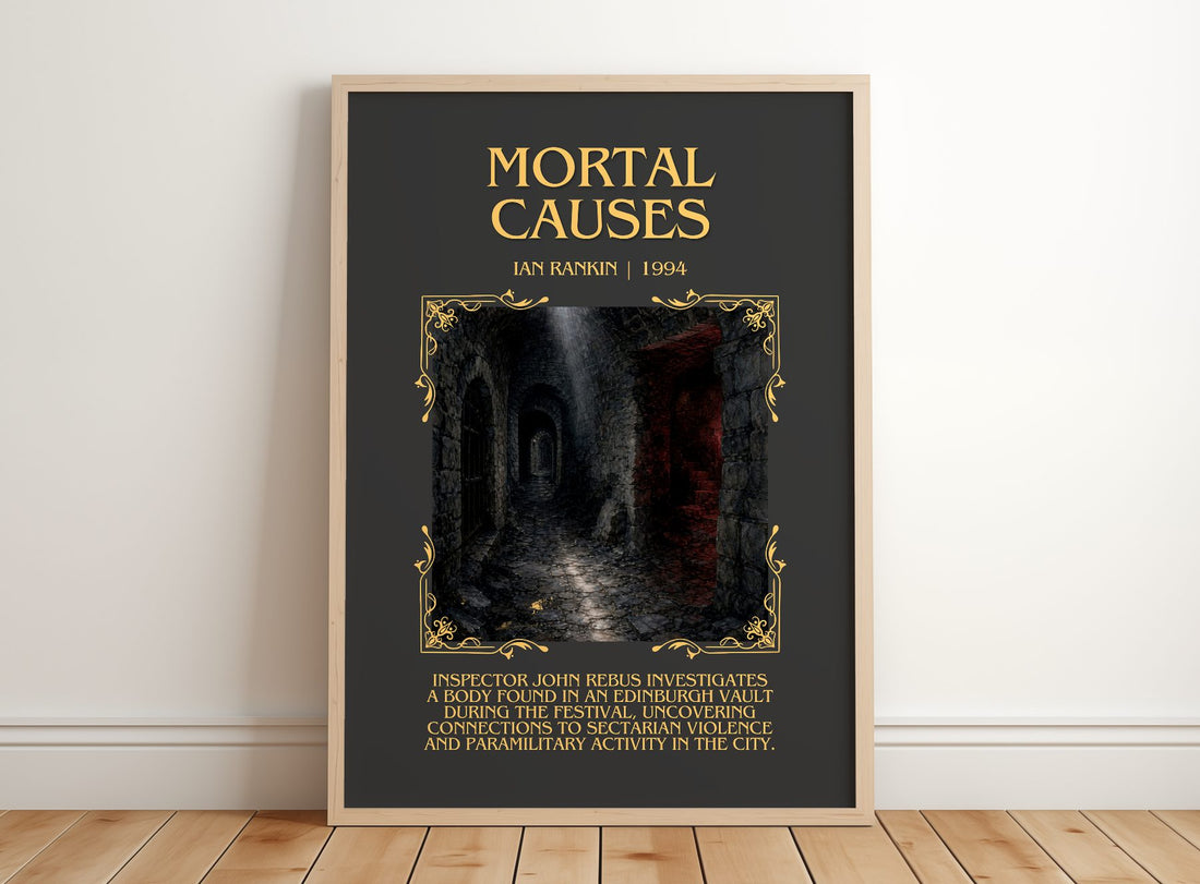 Mortal Causes Minimalist Book Poster by Ian Rankin – framed print leaning on a wooden floor