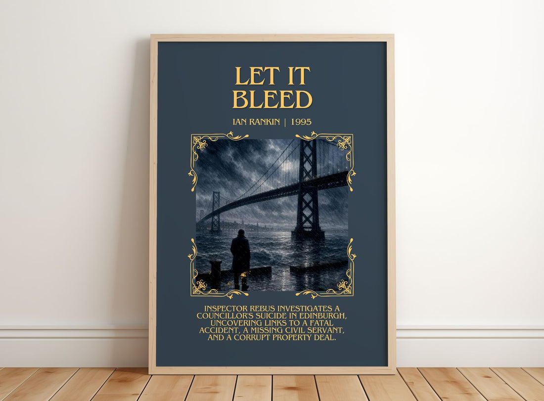 Let It Bleed Minimalist Book Poster by Ian Rankin – framed print leaning on a wooden floor