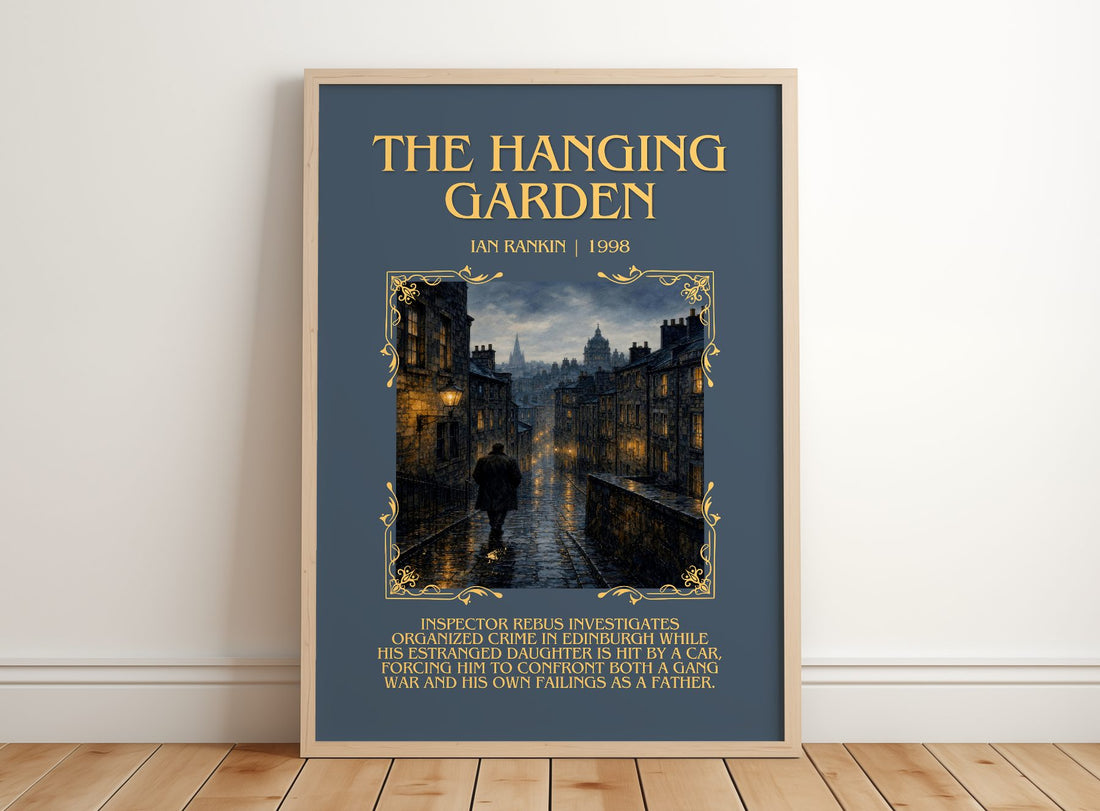 The Hanging Garden Minimalist Book Poster by Ian Rankin – framed print leaning on a wooden floor