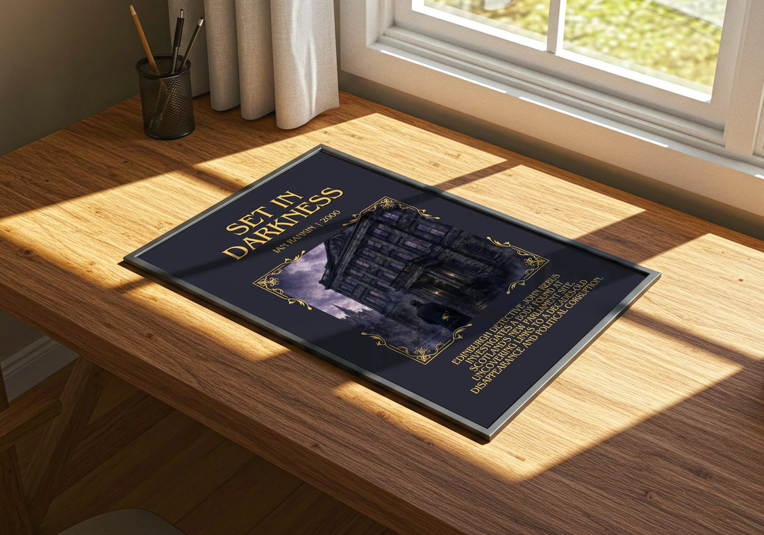 Set in Darkness Minimalist Book Poster by Ian Rankin – print on a sunlit desk