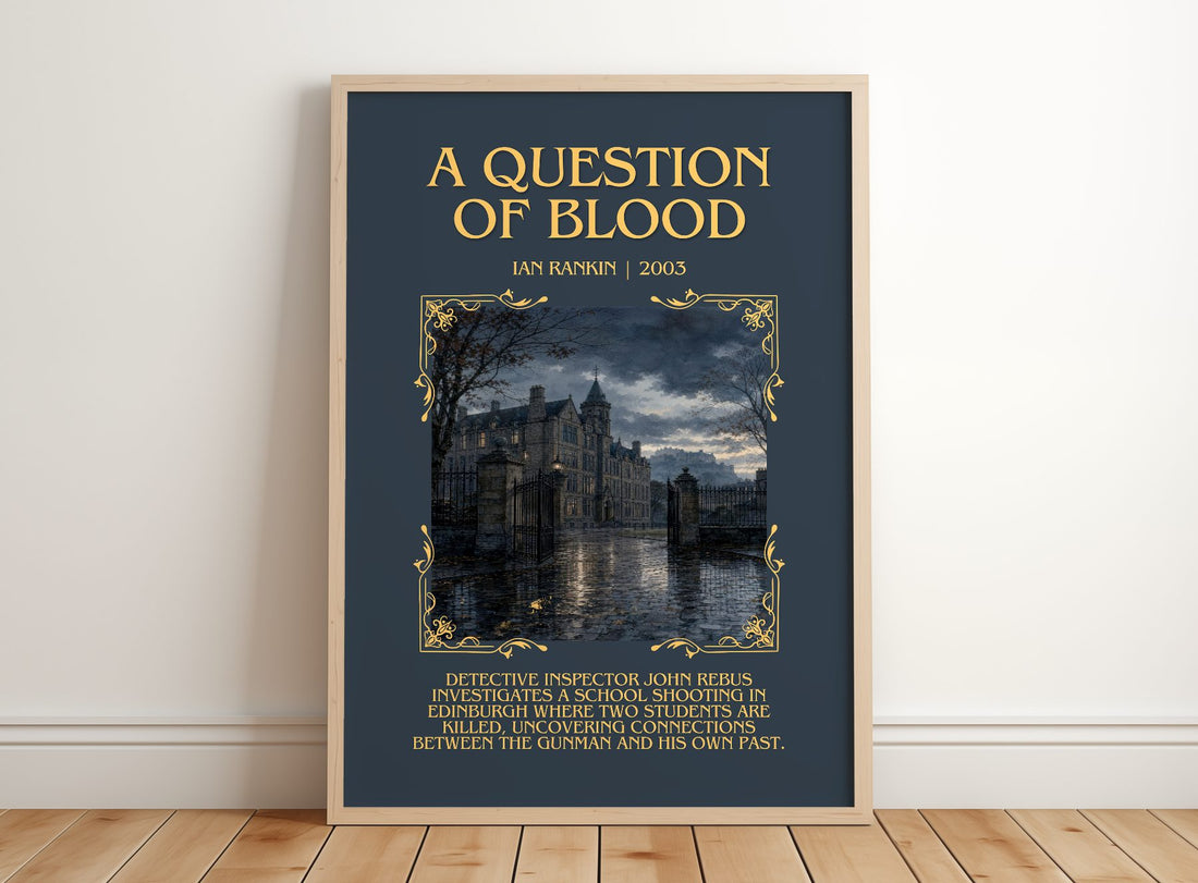 A Question of Blood Minimalist Book Poster by Ian Rankin – framed print leaning on a wooden floor