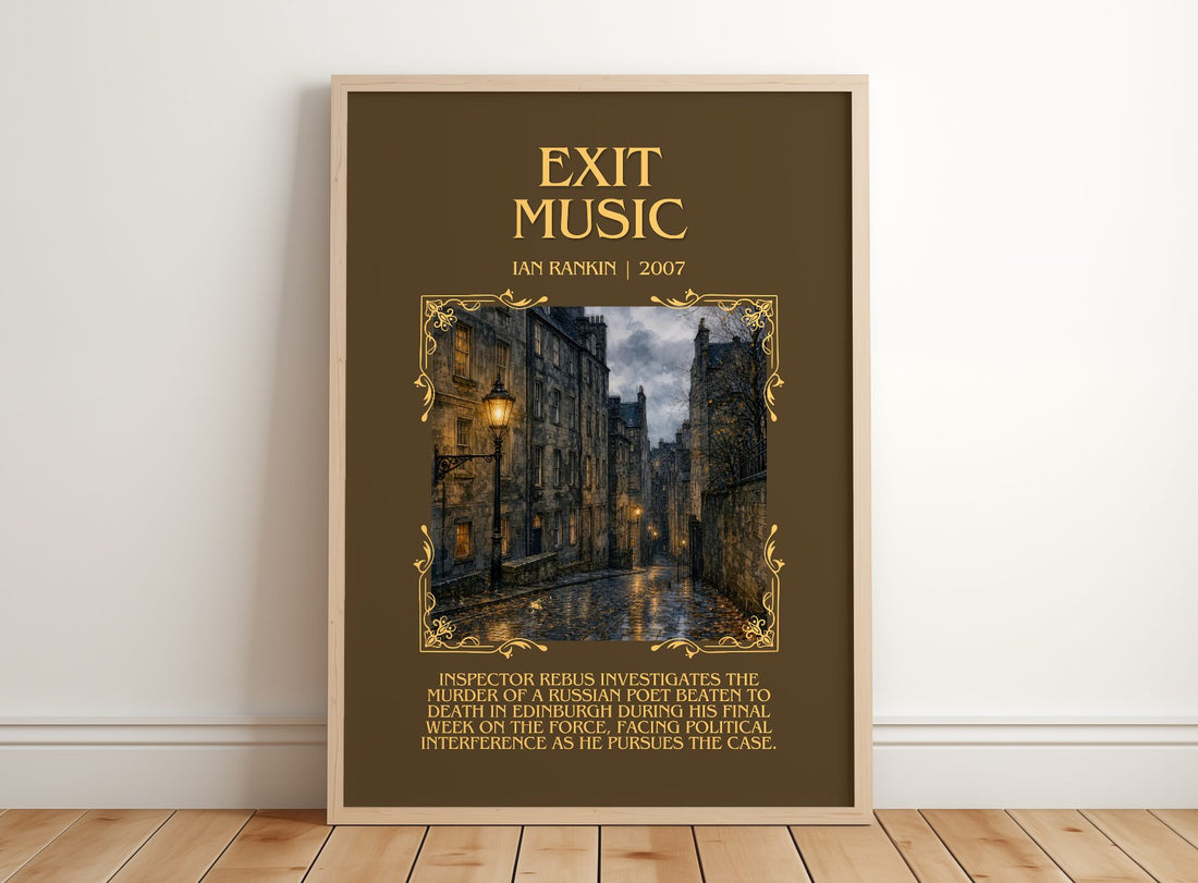 Exit Music Minimalist Book Poster by Ian Rankin – framed print leaning on a wooden floor