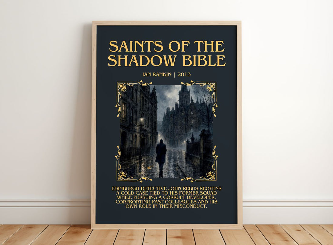 Saints of the Shadow Bible Minimalist Book Poster by Ian Rankin – framed print leaning on a wooden floor