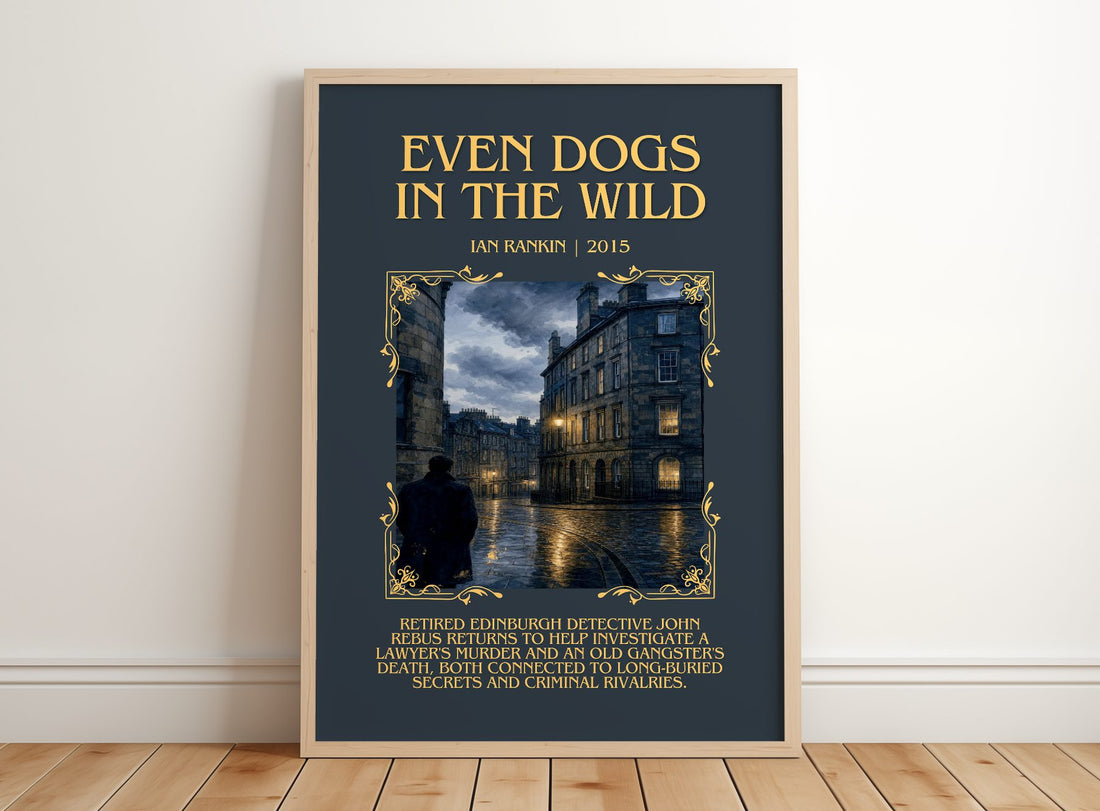 Even Dogs in the Wild Minimalist Book Poster by Ian Rankin – framed print leaning on a wooden floor