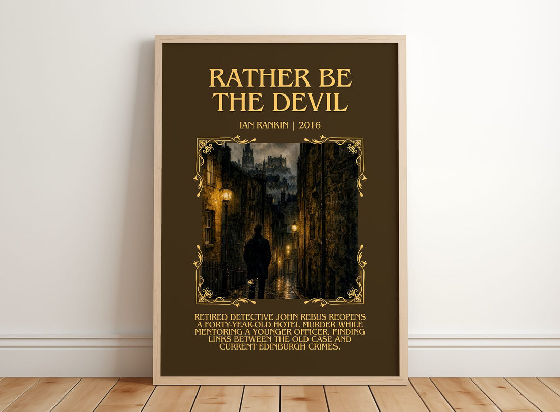 Rather Be the Devil Minimalist Book Poster by Ian Rankin – framed print leaning on a wooden floor