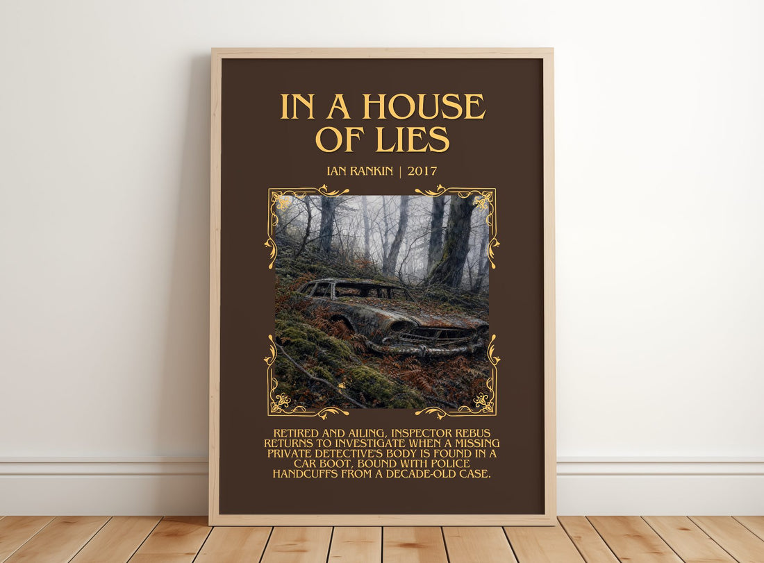 In a House of Lies Minimalist Book Poster by Ian Rankin – framed print leaning on a wooden floor