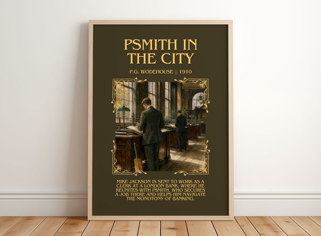Psmith in the City Minimalist Book Poster by P.G. Wodehouse – framed print leaning on a wooden floor
