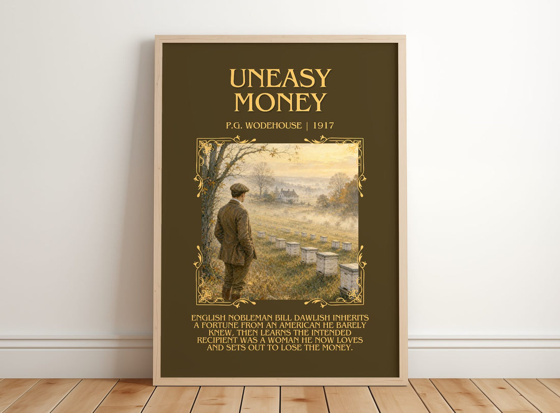 Uneasy Money Minimalist Book Poster by P.G. Wodehouse – framed print leaning on a wooden floor