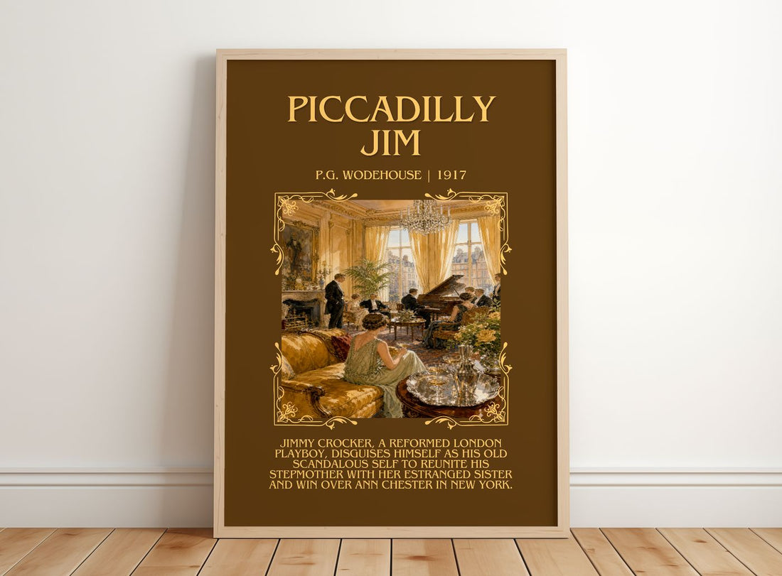 Piccadilly Jim Minimalist Book Poster by P.G. Wodehouse – framed print leaning on a wooden floor