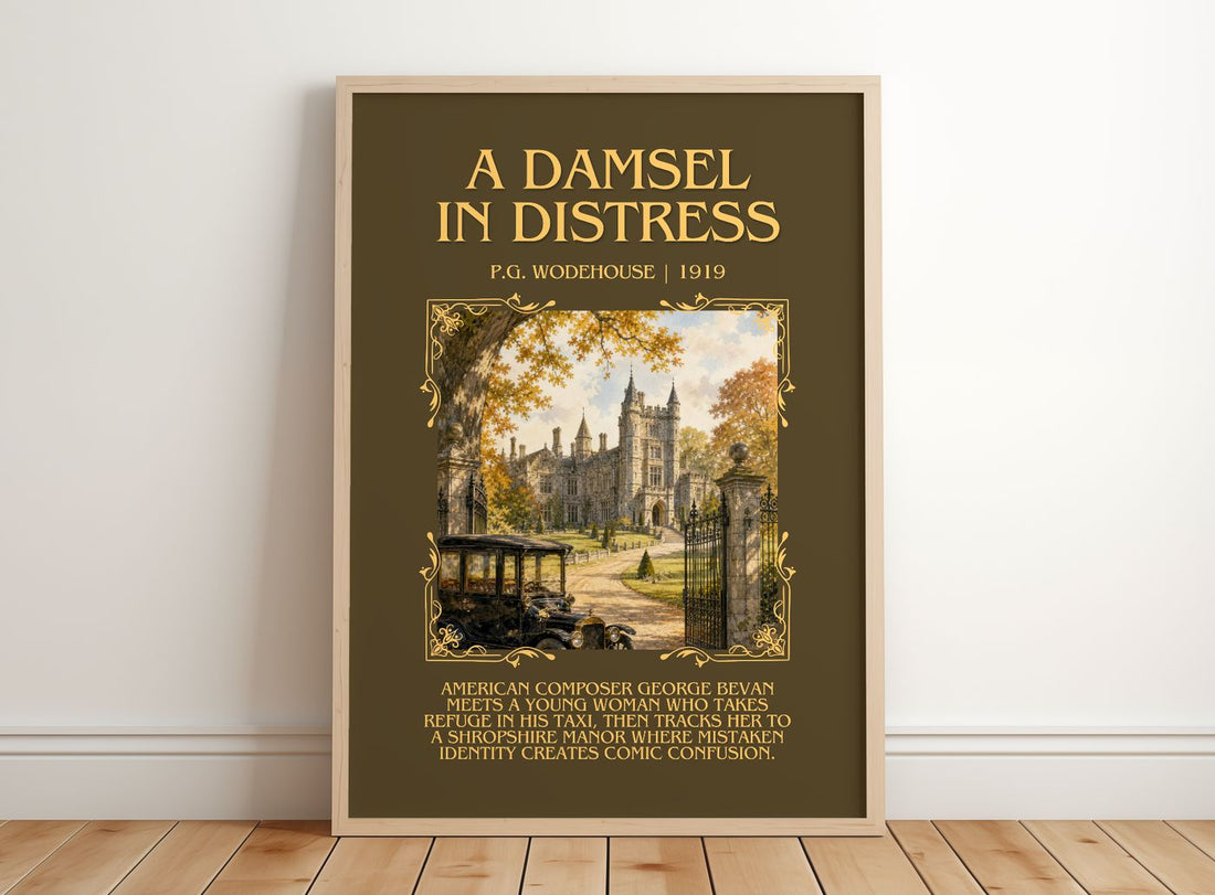 A Damsel in Distress Minimalist Book Poster by P.G. Wodehouse – framed print leaning on a wooden floor