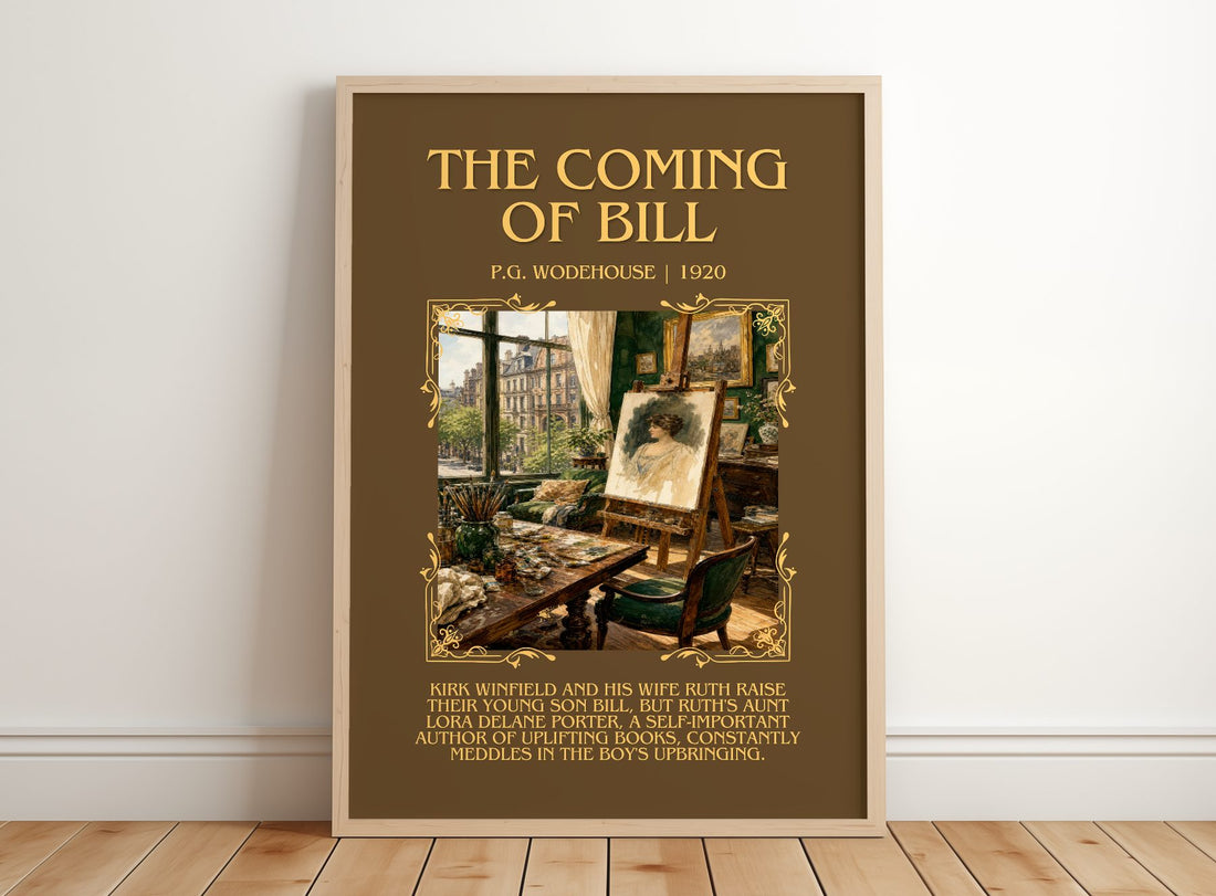 The Coming of Bill Minimalist Book Poster by P.G. Wodehouse – framed print leaning on a wooden floor