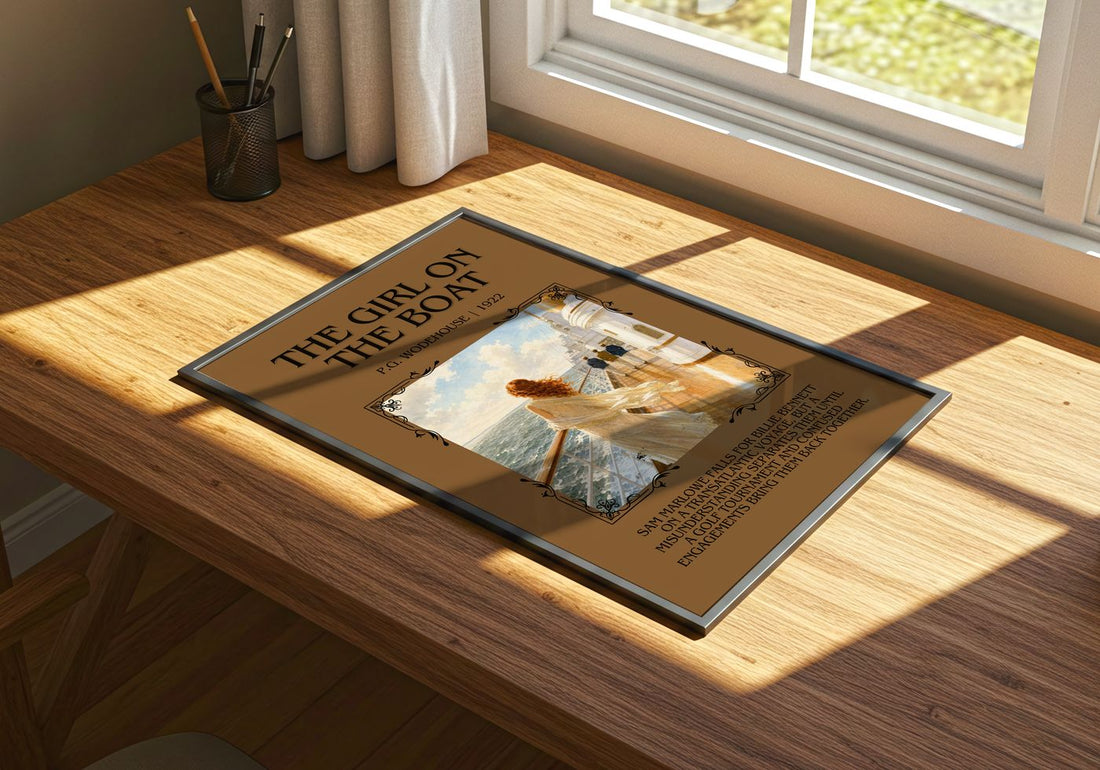 The Girl on the Boat Minimalist Book Poster by P.G. Wodehouse – print on a sunlit desk