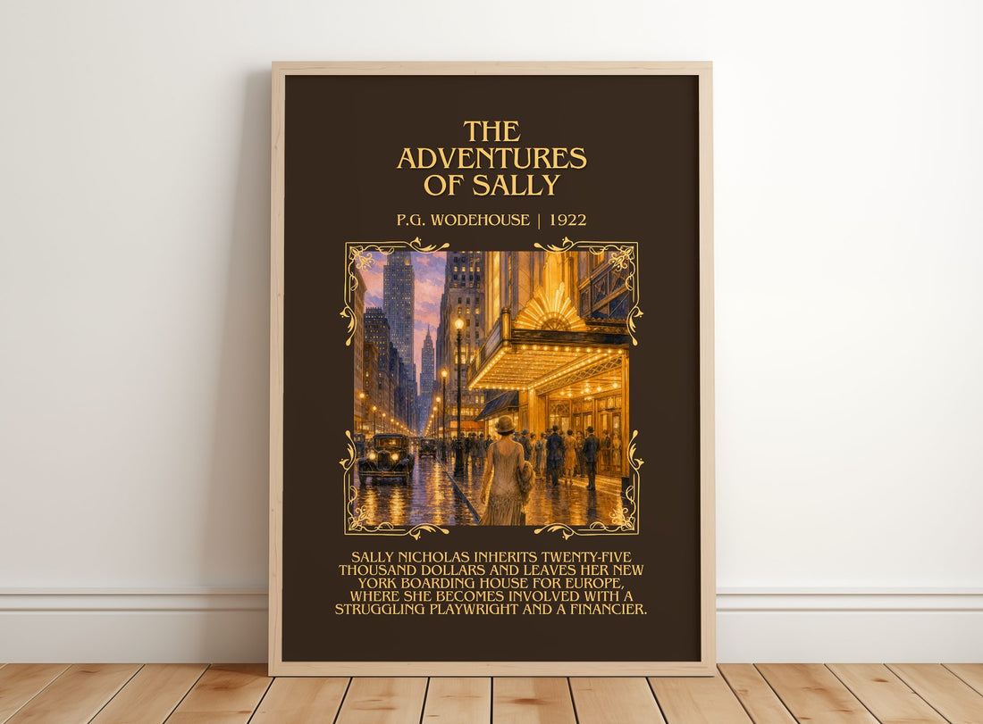 The Adventures of Sally Minimalist Book Poster by P.G. Wodehouse – framed print leaning on a wooden floor