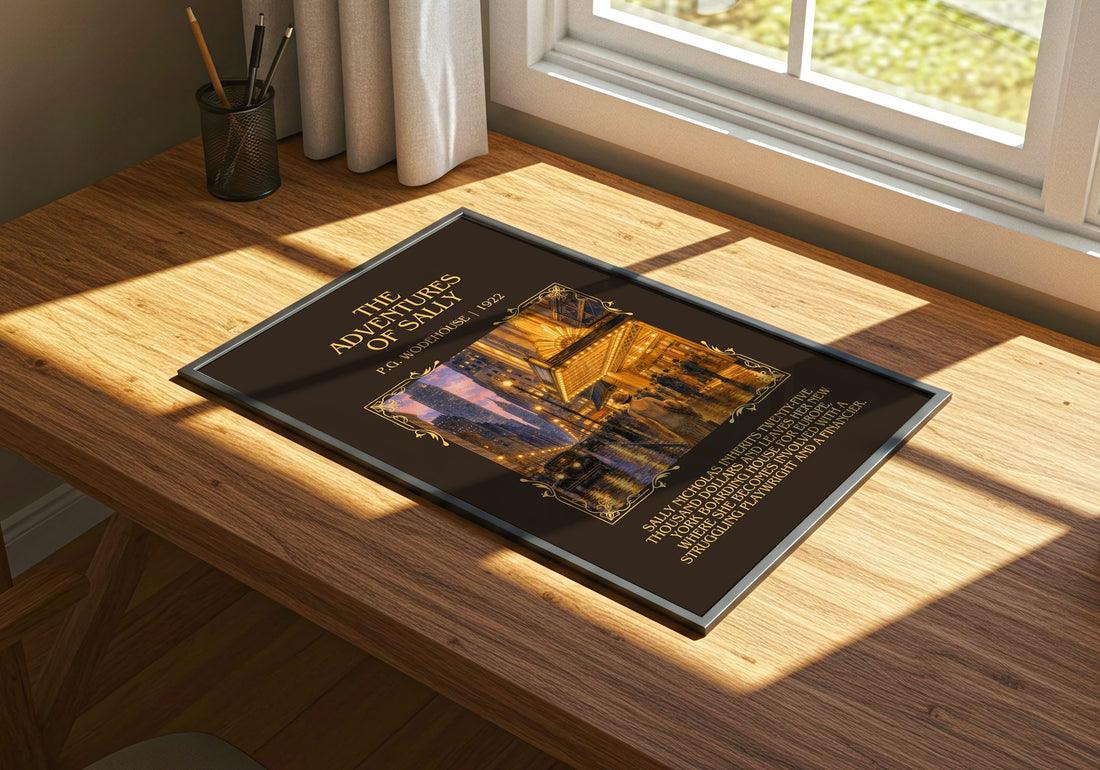 The Adventures of Sally Minimalist Book Poster by P.G. Wodehouse – print on a sunlit desk