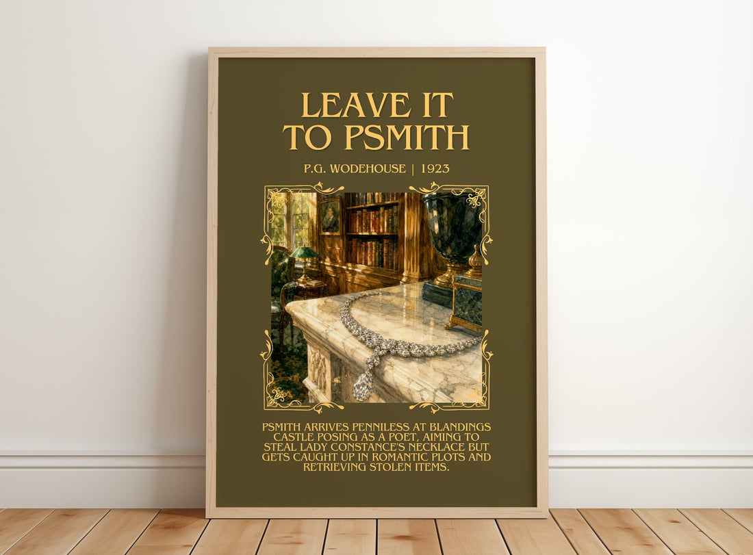 Leave It to Psmith Minimalist Book Poster by P.G. Wodehouse – framed print leaning on a wooden floor