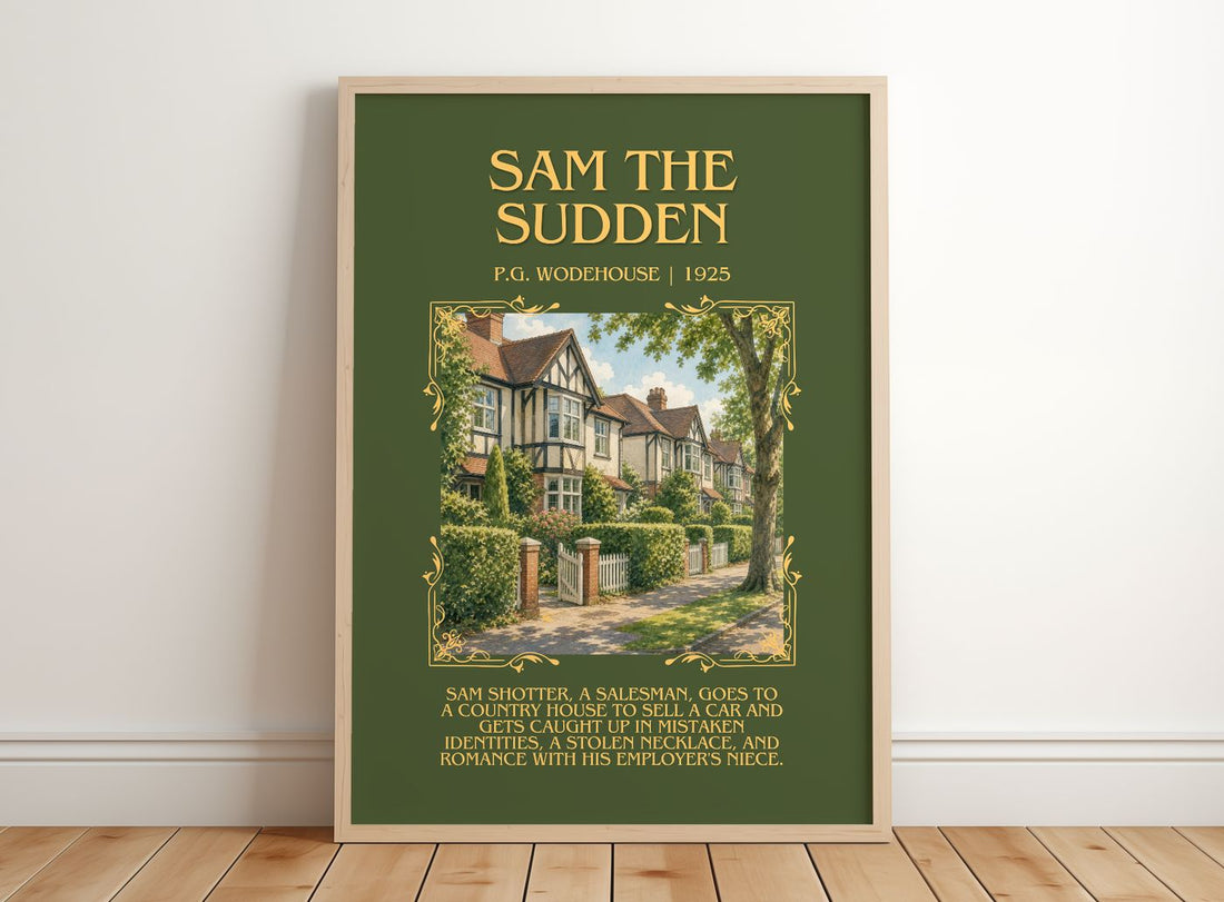 Sam the Sudden Minimalist Book Poster by P.G. Wodehouse – framed print leaning on a wooden floor