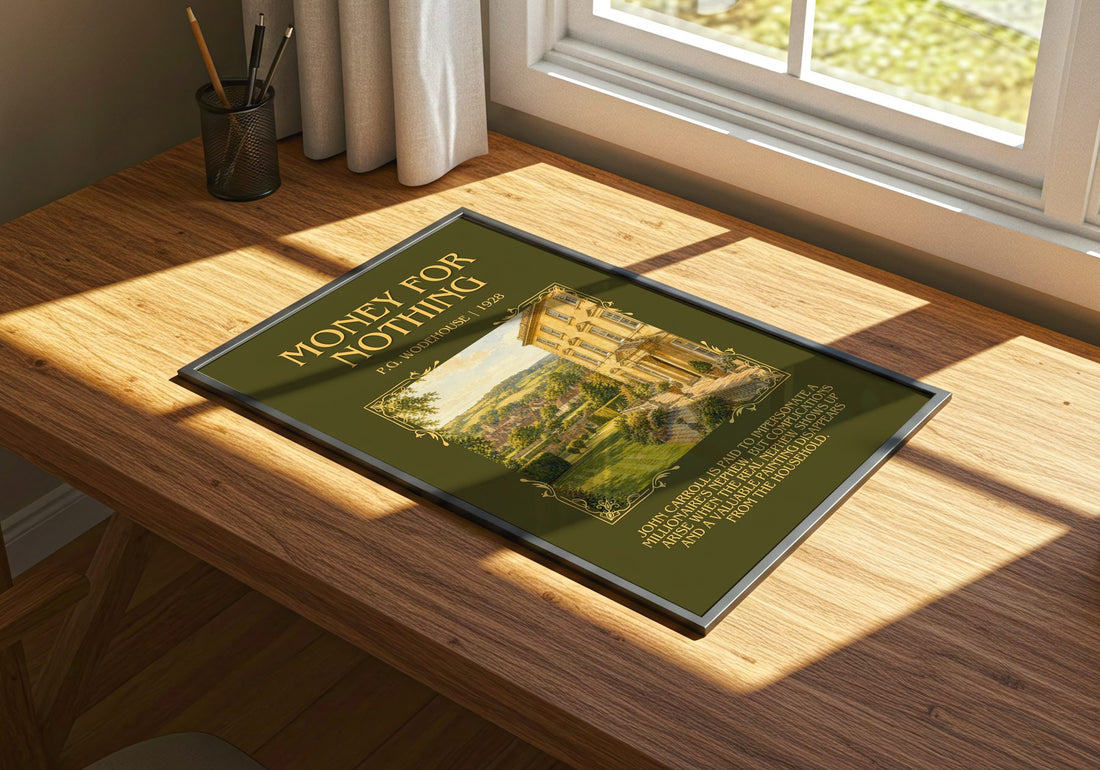 Money for Nothing Minimalist Book Poster by P.G. Wodehouse – print on a sunlit desk