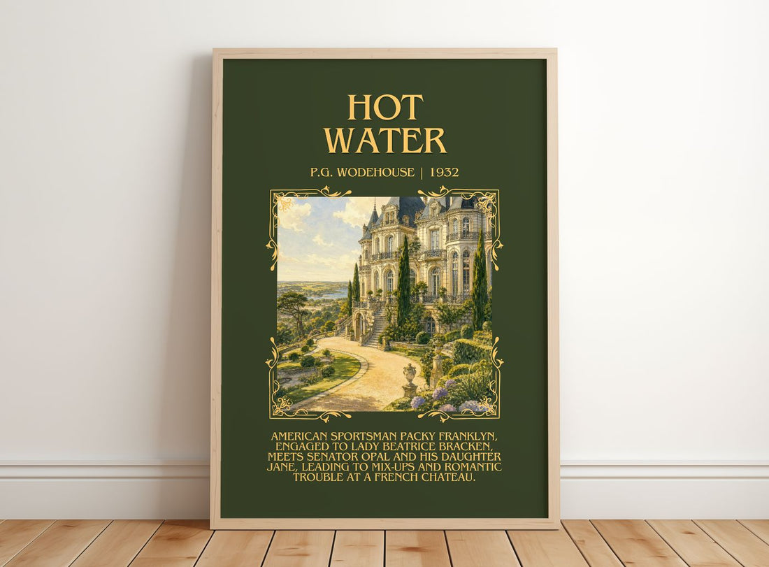 Hot Water Minimalist Book Poster by P.G. Wodehouse – framed print leaning on a wooden floor