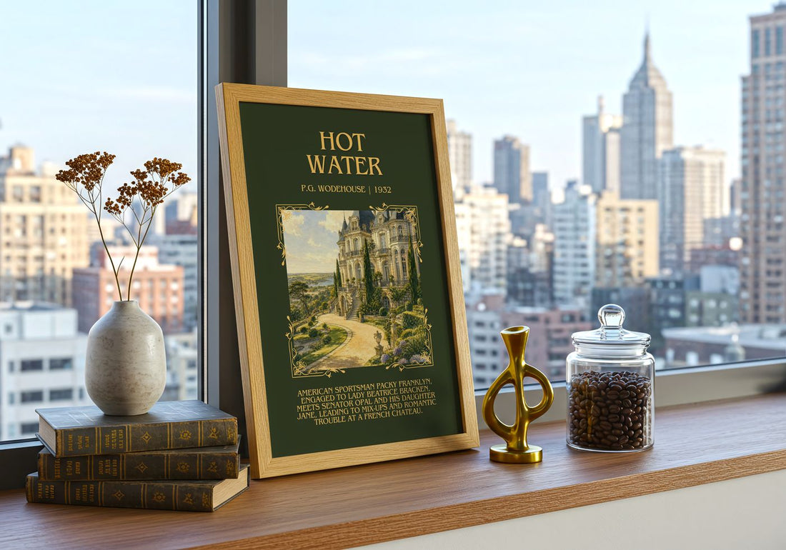 Hot Water Minimalist Book Poster by P.G. Wodehouse – framed print on a city-view windowsill