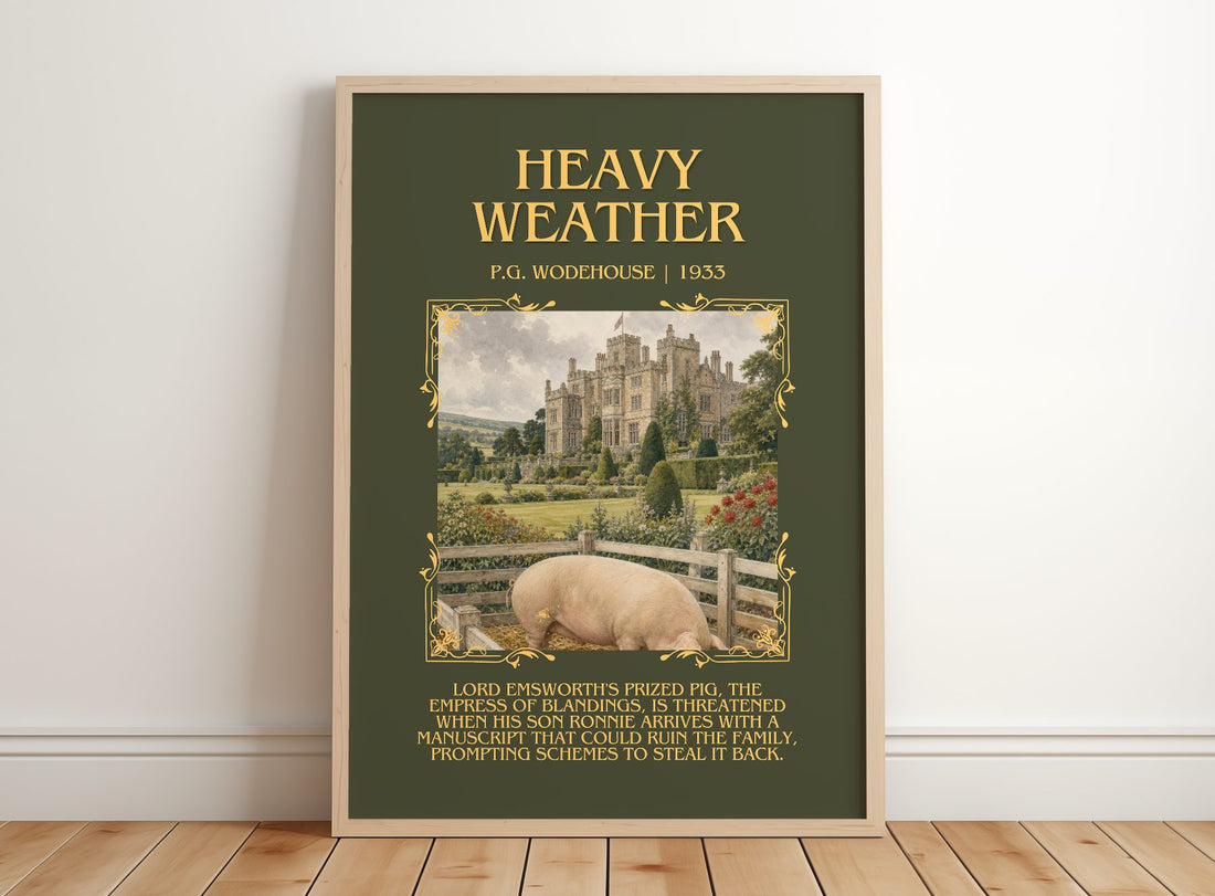 Heavy Weather Minimalist Book Poster by P.G. Wodehouse – framed print leaning on a wooden floor
