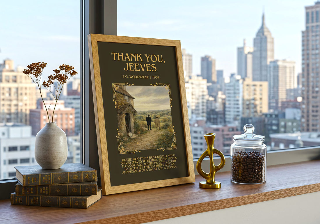 Thank You, Jeeves Minimalist Book Poster by P.G. Wodehouse – framed print on a city-view windowsill