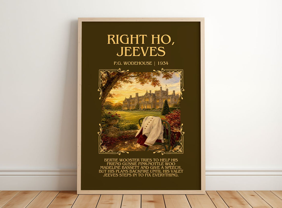 Right Ho, Jeeves Minimalist Book Poster by P.G. Wodehouse – framed print leaning on a wooden floor