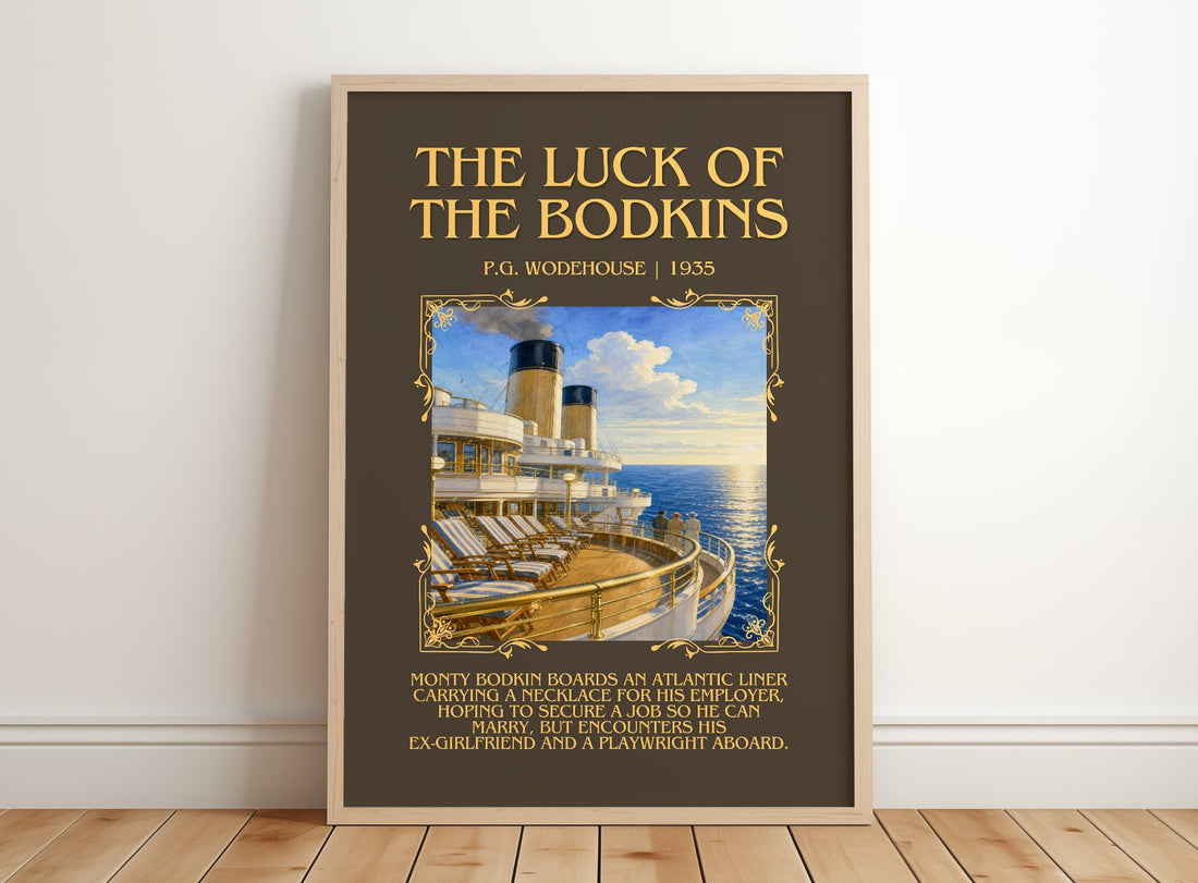 The Luck of the Bodkins Minimalist Book Poster by P.G. Wodehouse – framed print leaning on a wooden floor