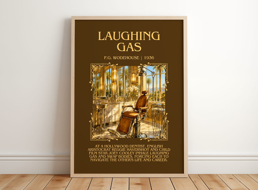 Laughing Gas Minimalist Book Poster by P.G. Wodehouse – framed print leaning on a wooden floor