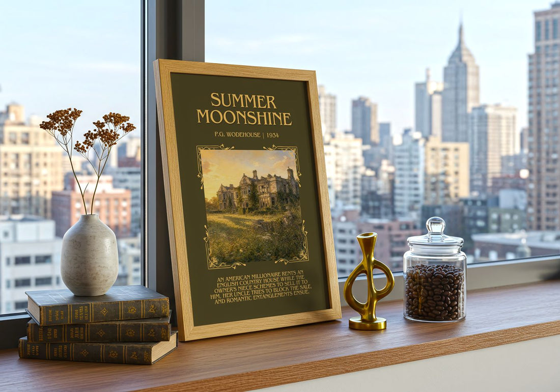 Summer Moonshine Minimalist Book Poster by P.G. Wodehouse – framed print on a city-view windowsill