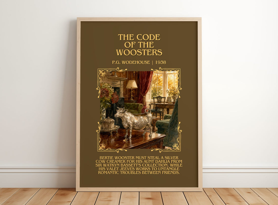 The Code of the Woosters Minimalist Book Poster by P.G. Wodehouse – framed print leaning on a wooden floor