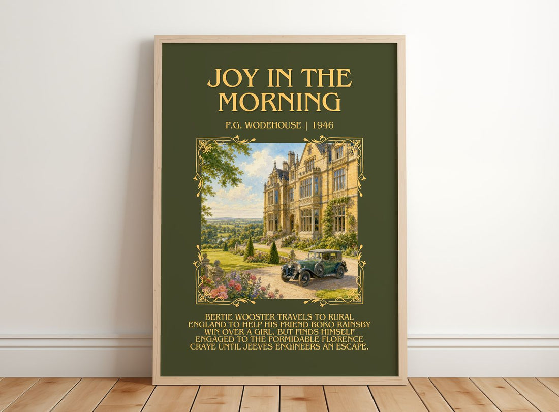 Joy in the Morning Minimalist Book Poster by P.G. Wodehouse – framed print leaning on a wooden floor