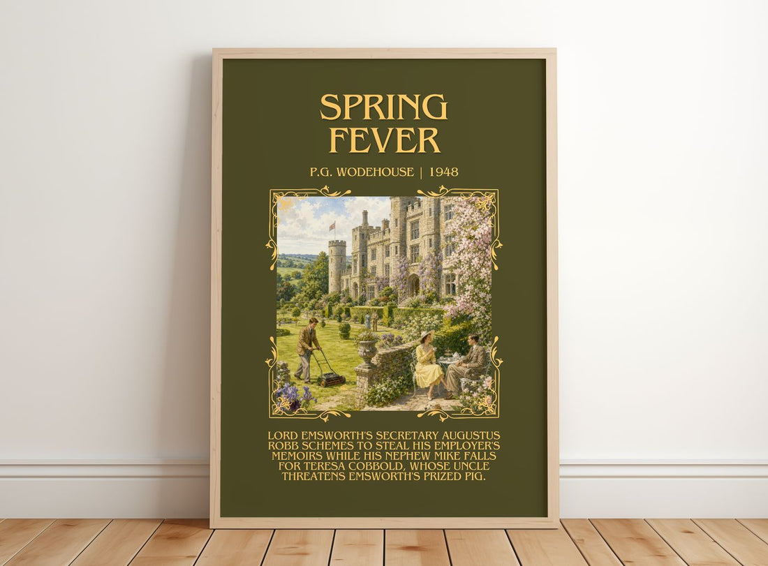 Spring Fever Minimalist Book Poster by P.G. Wodehouse – framed print leaning on a wooden floor