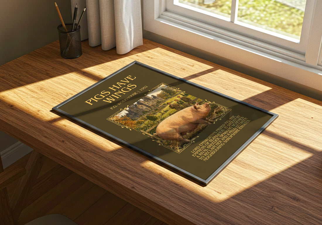 Pigs Have Wings Minimalist Book Poster by P.G. Wodehouse – print on a sunlit desk