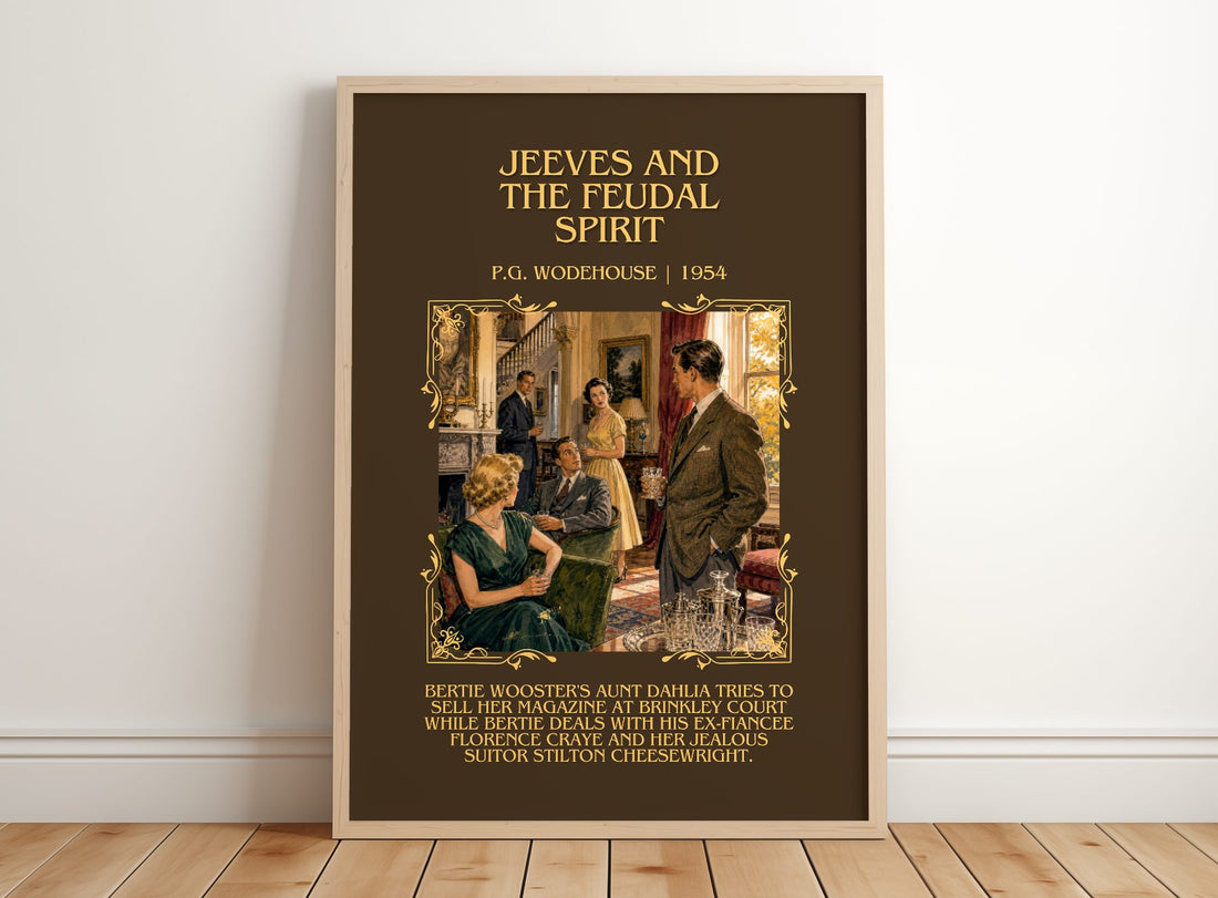 Jeeves and the Feudal Spirit Minimalist Book Poster by P.G. Wodehouse – framed print leaning on a wooden floor