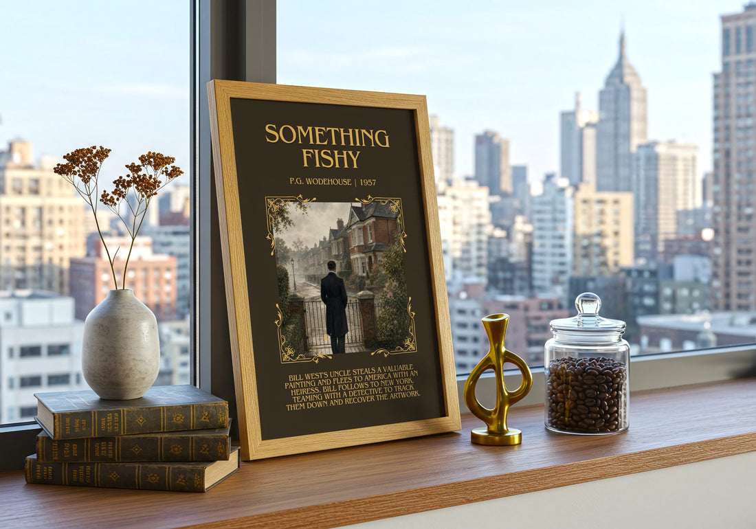 Something Fishy Minimalist Book Poster by P.G. Wodehouse – framed print on a city-view windowsill