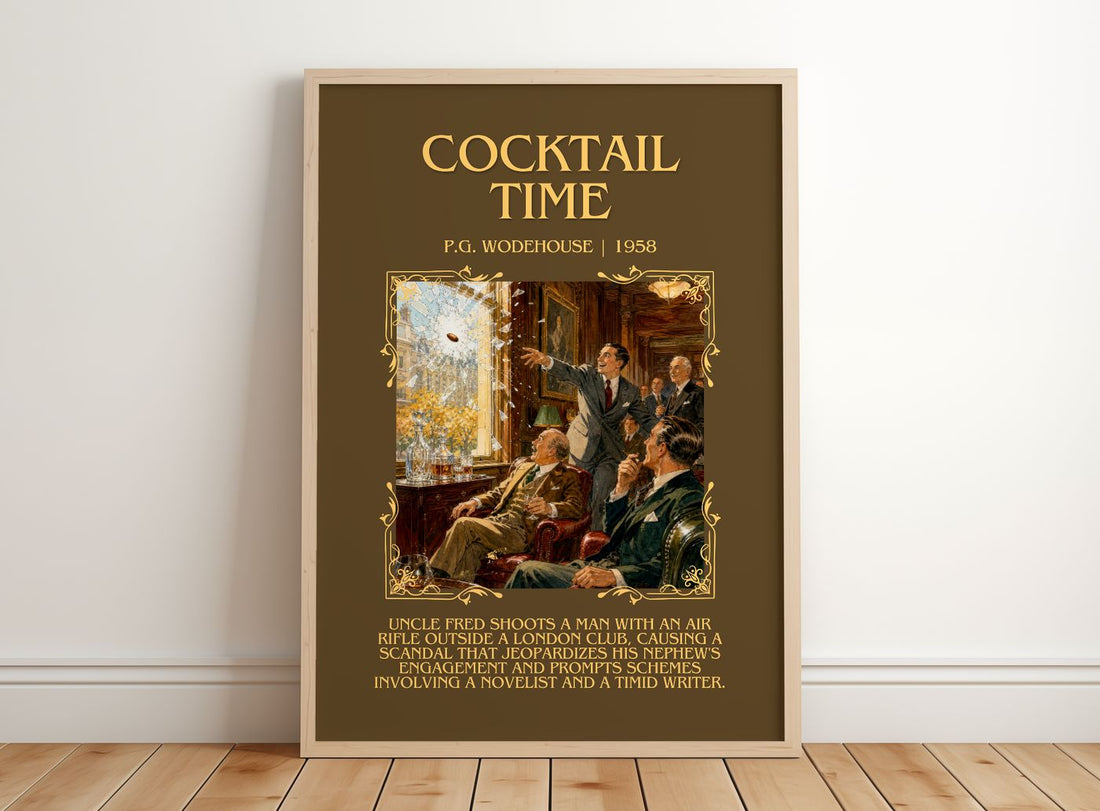 Cocktail Time Minimalist Book Poster by P.G. Wodehouse – framed print leaning on a wooden floor