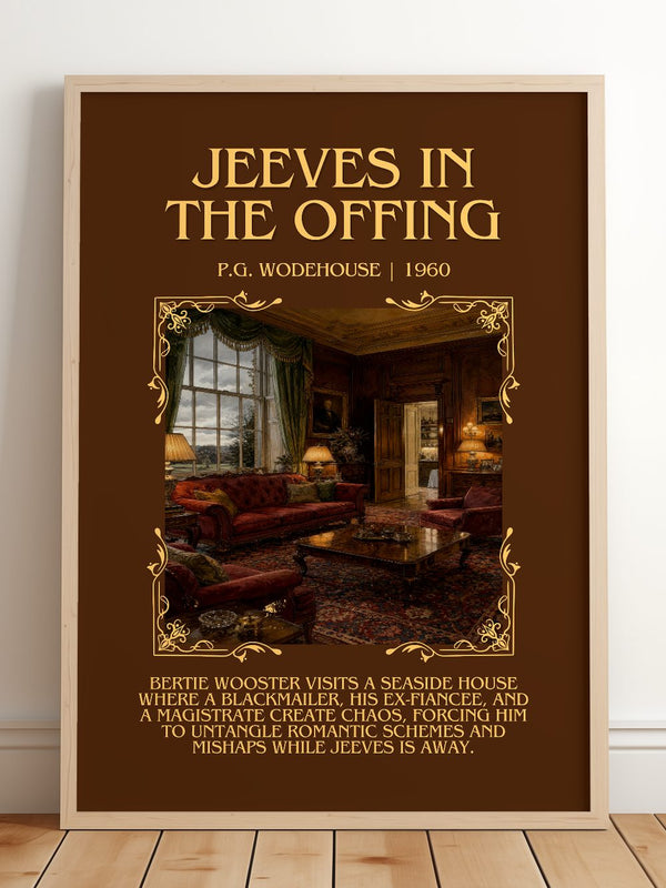 Jeeves in the Offing Minimalist Book Poster by P.G. Wodehouse – framed print leaning on a wooden floor