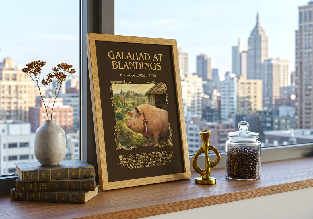 Galahad at Blandings Minimalist Book Poster by P.G. Wodehouse – framed print on a city-view windowsill