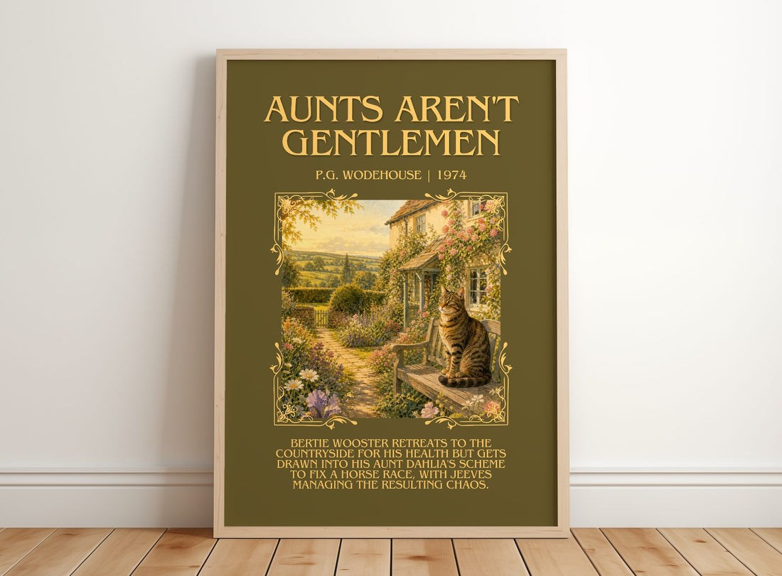Aunts Aren't Gentlemen Minimalist Book Poster by P.G. Wodehouse – framed print leaning on a wooden floor